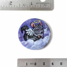 Load image into Gallery viewer, Small lightweight wood disc, hand painted with a portrait of a chinchilla as an angel, with halo and wings, sitting on clouds against a purple sky
