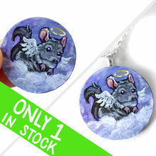 Load image into Gallery viewer, Small lightweight wood disc, hand painted with a portrait of a chinchilla as an angel, with halo and wings, sitting on clouds against a purple sky
