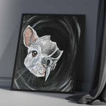 Load image into Gallery viewer, This art print features a split image: the left side features a cute portrait of a chinchilla, while the right side features a darker, stylized chinchilla skull.
