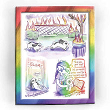 Load image into Gallery viewer, Rainbowofcrazy web comic. a black and white mini lop rabbit walks through the grass, passing by bushes, a fence, a tree, and a garbage can, all of the items on fire. / rabbit now inside, after slamming the front door. rabbit leans against the door. "Whew." / Jo, holding a book, with said rabbit on her lap: "How was your day?" Rabbit, looking at the book: "It's so much better now. So what happens next" / @Rainbowofcrazy.com
