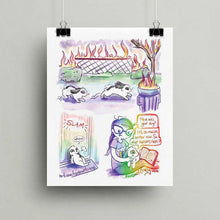Load image into Gallery viewer, Rainbowofcrazy web comic. a black and white mini lop rabbit walks through the grass, passing by bushes, a fence, a tree, and a garbage can, all of the items on fire. / rabbit now inside, after slamming the front door. rabbit leans against the door. "Whew." / Jo, holding a book, with said rabbit on her lap: "How was your day?" Rabbit, looking at the book: "It's so much better now. So what happens next" / @Rainbowofcrazy.com
