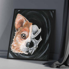 Load image into Gallery viewer, Art print featuring a blend of a corgi's face and a skull on a black background, creating a gothic aesthetic.
