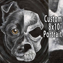 Load image into Gallery viewer, A personalized 8x10" stretched canvas painting, with a portrait divided in two: the left side is a black dog, and the right side is an evil looking dog skull
