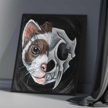 Load image into Gallery viewer, an art print featuring a portrait split into two halves: on the left side is a ferret's face, and on the right side is a dark, stylized ferret skull

