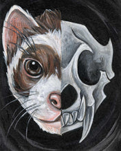 Load image into Gallery viewer, an art print featuring a portrait split into two halves: on the left side is a ferret's face, and on the right side is a dark, stylized ferret skull
