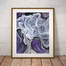 Load image into Gallery viewer, An art print with a surreal illustration, titled "Fibro Fog", showing the back of a figure's head, which opens up, releasing a fog that drifts out against a purple background
