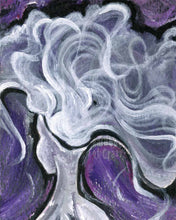 Load image into Gallery viewer, An art print with a surreal illustration, titled "Fibro Fog", showing the back of a figure's head, which opens up, releasing a fog that drifts out against a purple background
