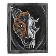 Load image into Gallery viewer, an illustration of a flying fox's face on one side and its eerie bat skull on the other. available as an art print.
