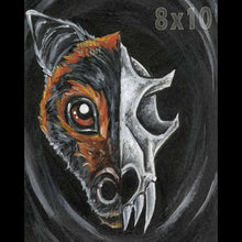 Load image into Gallery viewer, an illustration of a flying fox's face on one side and its eerie bat skull on the other. available as an art print.
