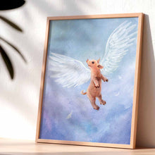 Load image into Gallery viewer, illustration of a flying pig soaring up into a sky filled with blue and purple. available as an art print
