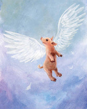 Load image into Gallery viewer, illustration of a flying pig soaring up into a sky filled with blue and purple. available as an art print
