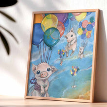 Load image into Gallery viewer, an art print featuring an illustration of five pigs floating through the blue sky, attached to colourful rainbow balloons
