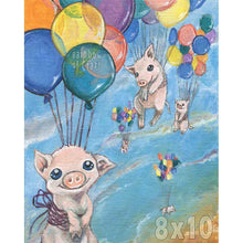 Load image into Gallery viewer, an art print featuring an illustration of five pigs floating through the blue sky, attached to colourful rainbow balloons
