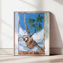 Load image into Gallery viewer, An art print of the Four of Cups tarot card from the Animism tarot: a sloth holds on to a skinny tree trunk. Four leaves grow from the right side of the tree.
