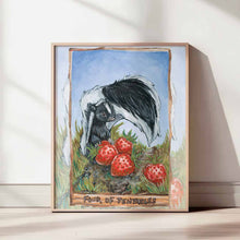 Load image into Gallery viewer, an art print of the four of pentacles, from the animism tarot: a skunk guards four large strawberries.
