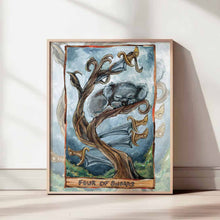 Load image into Gallery viewer, From the Animism Tarot, this art print features the Four of Swords card: a koala bear rests in a tree, eyes closed in a moment of peace.
