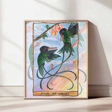 Load image into Gallery viewer, An art print of the four of wands tarot card, from the animism tarot: a pair of hummingbirds dance together, surrounded by falling flower petals
