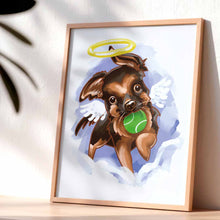 Load image into Gallery viewer, a digital illustration of a cartoon-style german shepherd dog, painted as an angel with halo and wings, holding a tennis ball in its mouth. available as an art print
