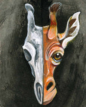 Load image into Gallery viewer, This illustration features a giraffe's face on the right side and a stylized giraffe skull on the left side.
