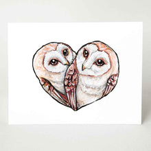 Load image into Gallery viewer, A greeting card featuring art of two barn owls, curled up in the shape of a heart.
