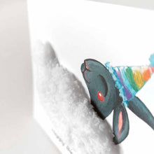 Load image into Gallery viewer, a greeting card featuring an illustration of a smiling black sheep with white fleece, wearing a rainbow party hat. its fleece is made with thick, chunky, white yarn. the front reads, "Happy Birthday to Ewe!"
