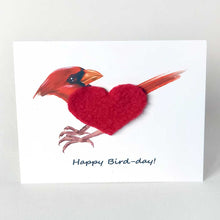 Load image into Gallery viewer, a greeting card with an illustration of a cardinal, its body made from soft red fleece fabric, cut into the shape of a heart. the card reads, "Happy Bird-day!"
