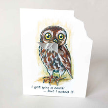 Load image into Gallery viewer, a greeting card with art of a boobook owl. The card reads, "I got you a card! ... but I eated it". be the top right corner of the card is ripped and hangs from the bird's mouth
