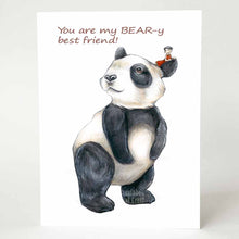 Load image into Gallery viewer, a greeting card illustrated with giant panda bear with a tiny person in a red dress, sitting on the panda's head. the front reads, "You are my BEAR-y best friend!"
