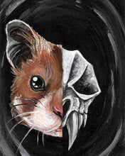 Load image into Gallery viewer, A portrait of a cute golden hamster is on the left side and an evil looking hamster skull on the other side
