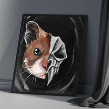 Load image into Gallery viewer, A portrait of a cute golden hamster is on the left side and an evil looking hamster skull on the other side
