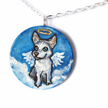 Load image into Gallery viewer, a lightweight wood disc, hand painted with a portrait of a husky dog as an angel in the clouds against a blue sky. available as a keepsake or pendant necklace
