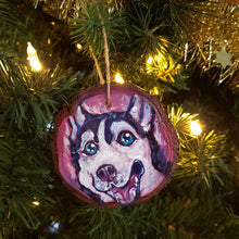 Load image into Gallery viewer, a wood ornament hand painted with a close-up portrait of a husky dog, smiling really big
