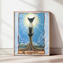 Load image into Gallery viewer, Art print of a Siamese cat on a tarot card titled 'Judgement' from the Animism Tarot, featuring a scenic background with mountains, rivers, and a bright sun.
