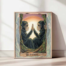 Load image into Gallery viewer, An art print of the Justice tarot card from the animism tarot. A pair of chimpanzees face each other, pressing a hand against the other's.
