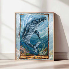 Load image into Gallery viewer, an art print featuring the King of cups from the Animism tarot: a great humpback whale swimming over his kingdom.
