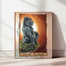 Load image into Gallery viewer, This art print features the King of Pentacles from the Animism Tarot: a silverback gorilla sitting on the edge of a cliff as the sun rises around him
