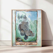 Load image into Gallery viewer, an art print of the knight of cups, from the Animism tarot: a hippopotamus dives into the water, swimming past an open oyster.
