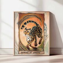 Load image into Gallery viewer, an art print of the knight of wands card, from the Animism Tarot: a king cheetah races through the land. a twisted tree sits nearby
