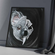 Load image into Gallery viewer, This art print features two sides of a koala: the left side shows half of a koala's gave, while the right side reveals the koala's dark, stylized skull underneath

