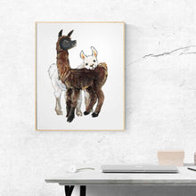 Load image into Gallery viewer, illustration of a brown and black llama, with a white llama behind, resting their head on the brown llama's back
