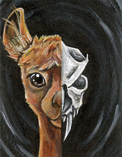Load image into Gallery viewer, This art print features a split image: the left side features a cute portrait of a llama, while the right side features a darker, stylized llama skull.
