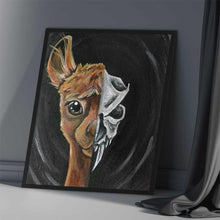 Load image into Gallery viewer, This art print features a split image: the left side features a cute portrait of a llama, while the right side features a darker, stylized llama skull.
