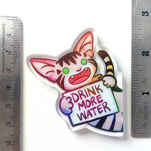 Load image into Gallery viewer, An acrylic magnet featuring a character from Rainbow of Crazy Comics: a cat smiles and holds up a sign that says "DRINK MORE WATER". It measures 2.5" in length

