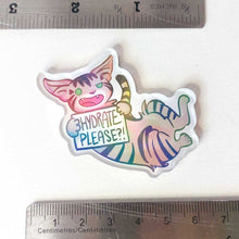 Load image into Gallery viewer, An acrylic magnet featuring a character from Rainbow of Crazy Comics: a tabby cat smiles and holds up a sign that says "HYDRATE PLEASE?!". It is about 2.5" in length.
