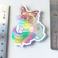 Load image into Gallery viewer, An acrylic magnet featuring a character from Rainbow of Crazy Comics: a ragdoll cat smiles and holds up a sign that says "REMEMBER PLEASE". The Magnet holds up a small print of a black cat sitting on top of a hill, holding a red balloon. Measures 2.5" in length.
