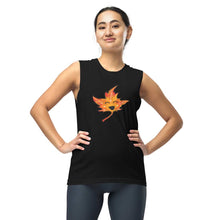 Load image into Gallery viewer, person is wearing a unisex muscle tank top in the colour black, featuring a graphic of a smiling maple leaf
