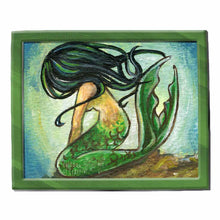 Load image into Gallery viewer, An art print of a mermaid with black hair, sitting down on the ocean floor, face obscured by her hair
