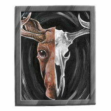 Load image into Gallery viewer, An art print split into two images: the left side, a moose's face, and the right side, a moose skull.
