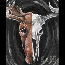 Load image into Gallery viewer, An art print split into two images: the left side, a moose's face, and the right side, a moose skull.
