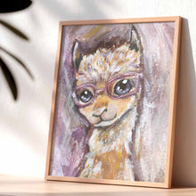 Load image into Gallery viewer, an illustration of a smiling alpaca, wearing purple glasses, available as an art print
